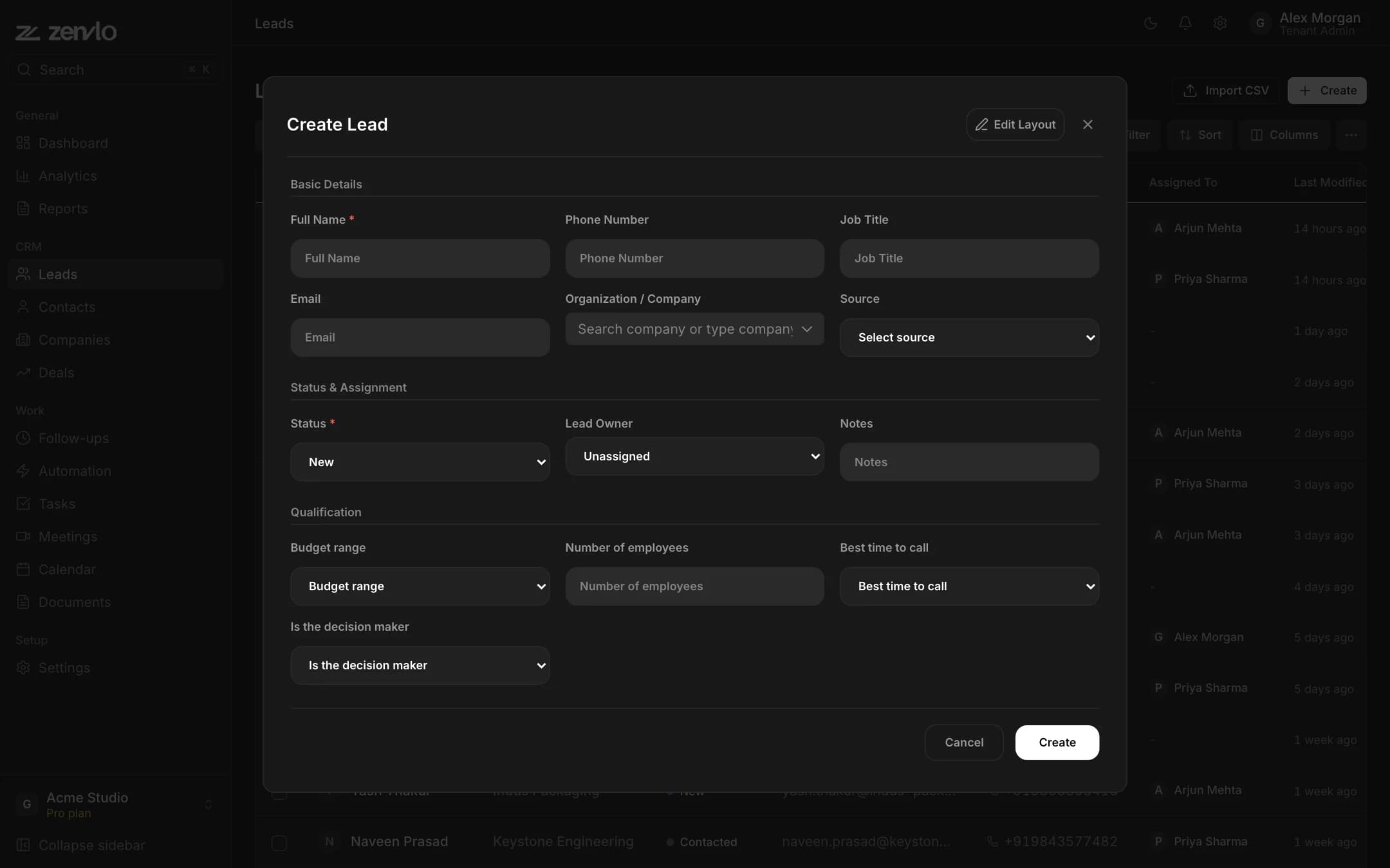 The Create Lead drawer