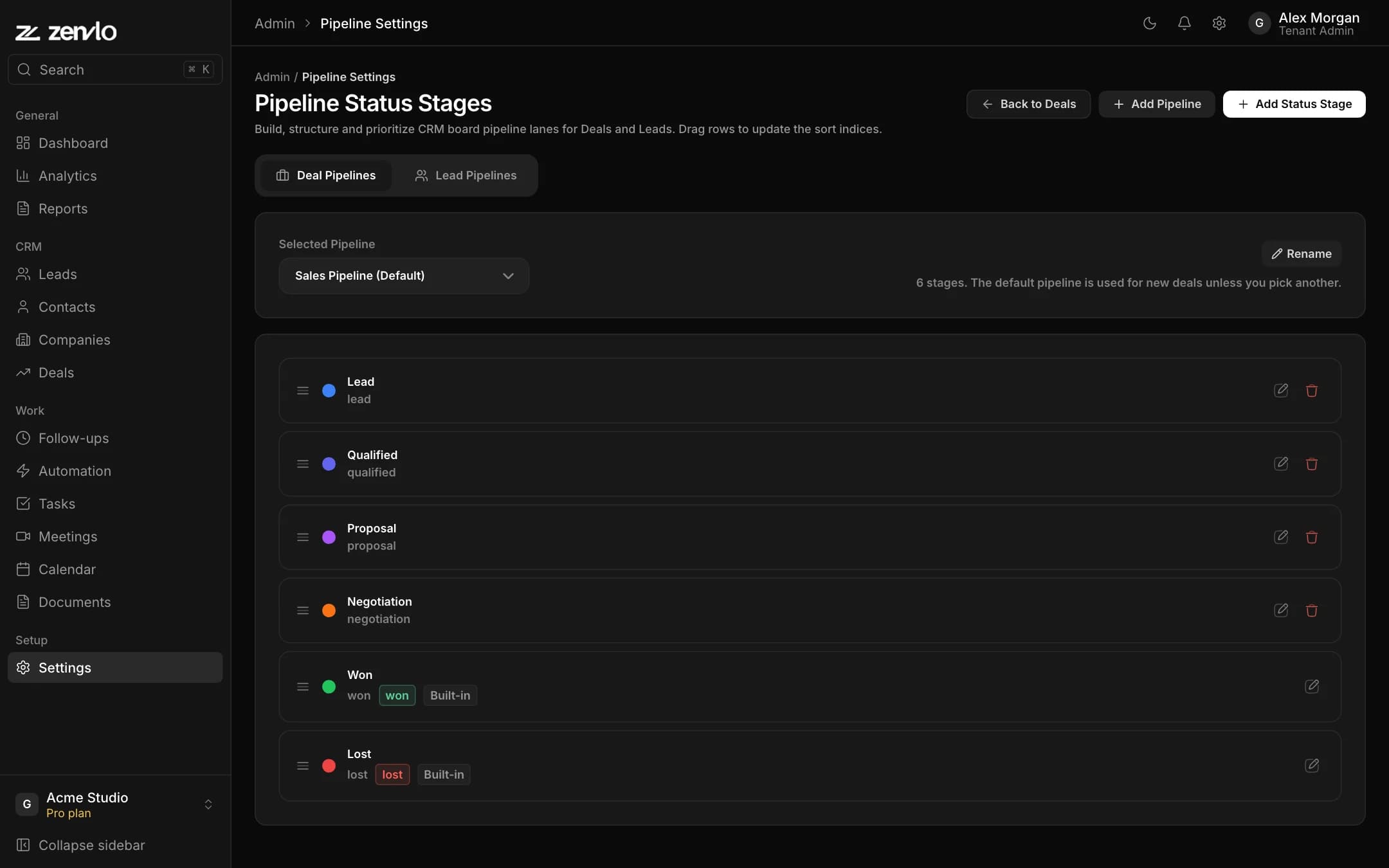 The pipeline settings page