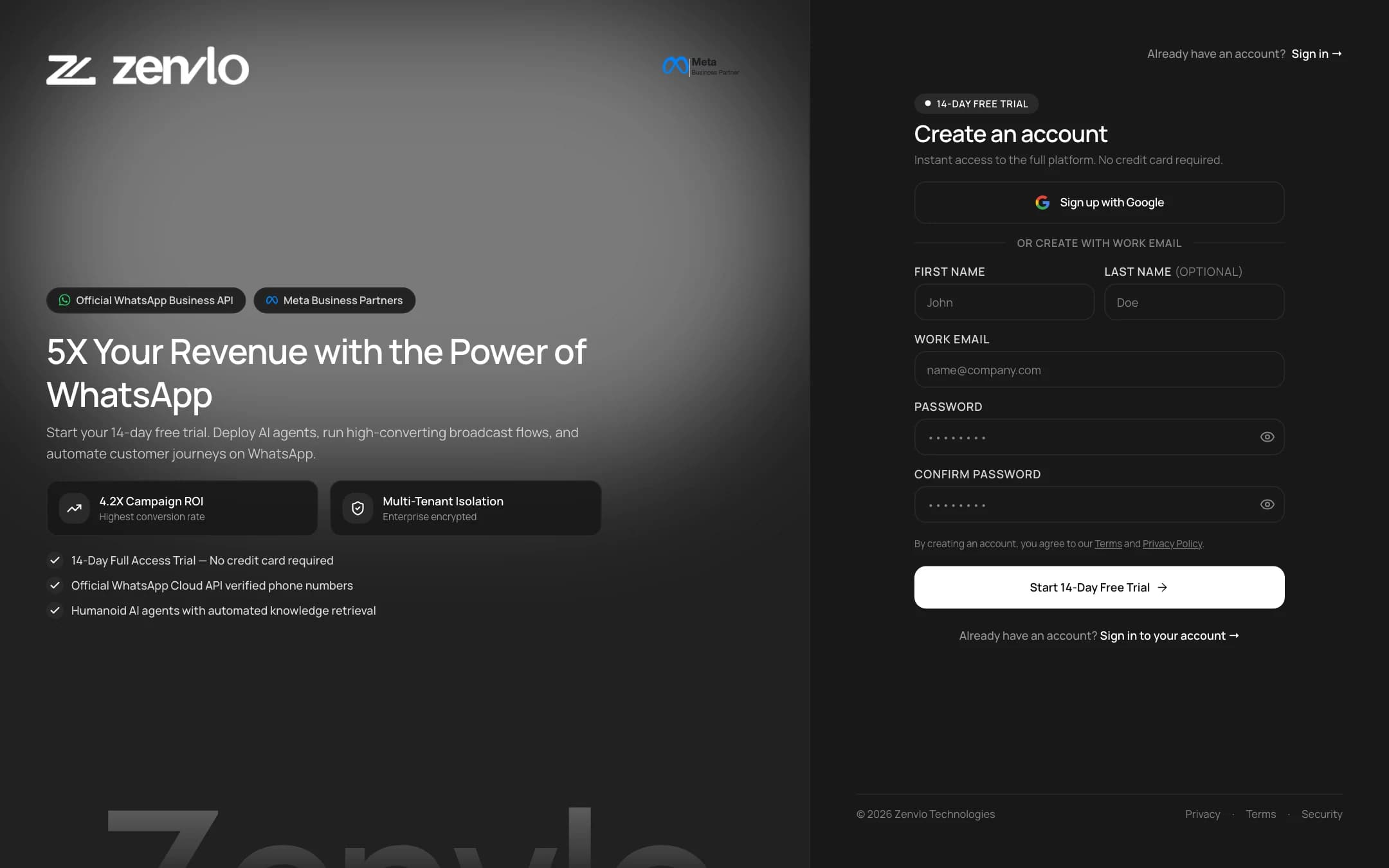The Zenvlo Engage sign-up form
