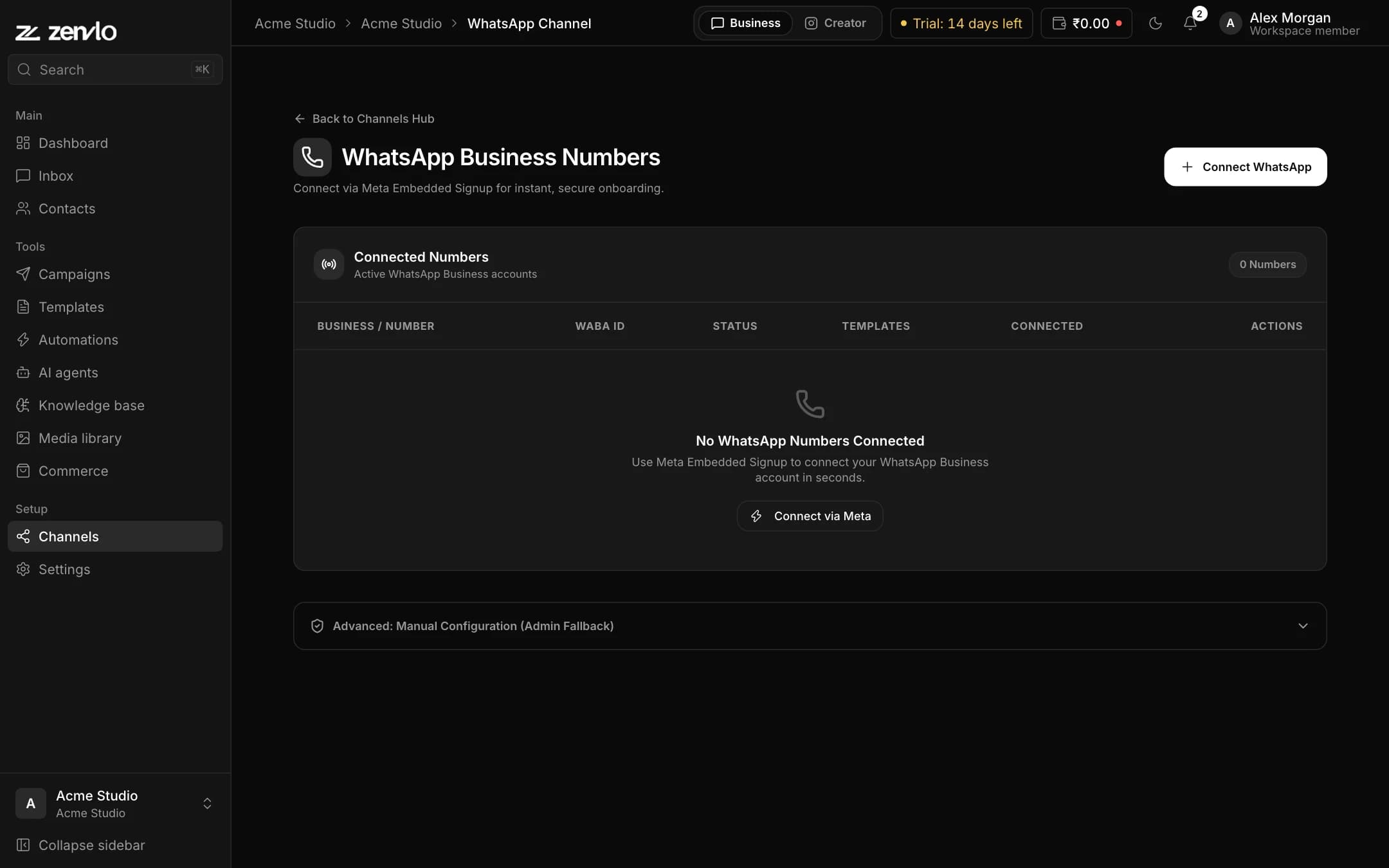 The WhatsApp Business Numbers page