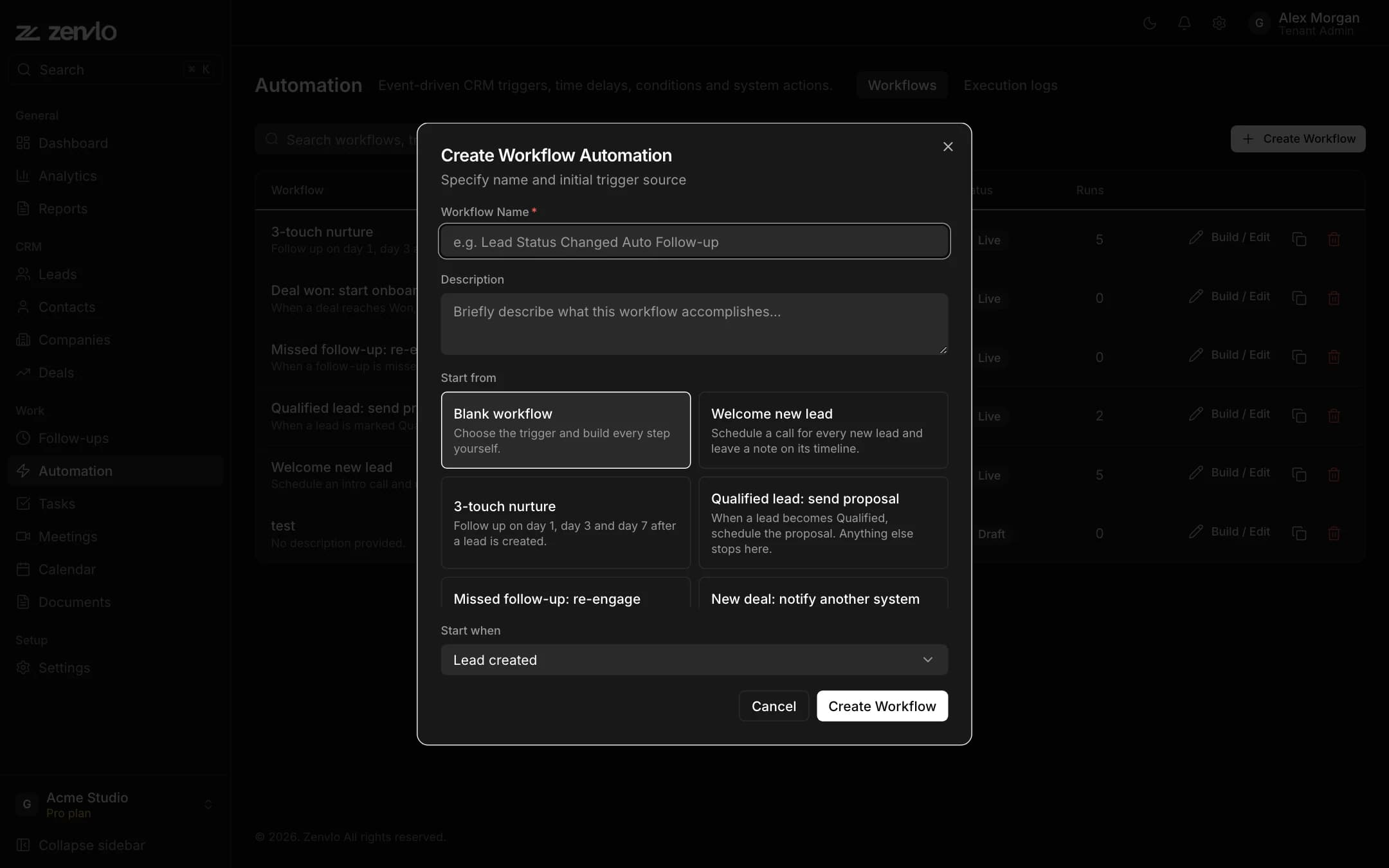 The Create Workflow dialog