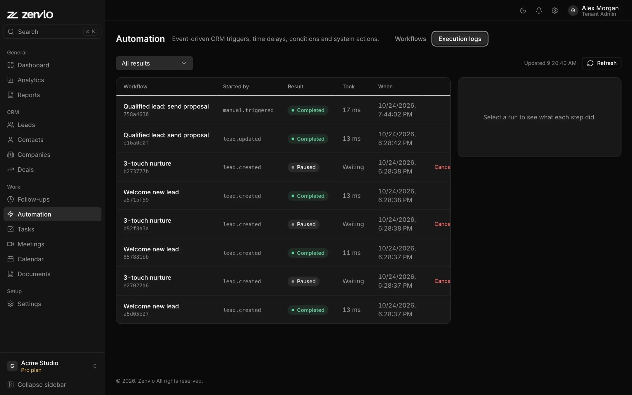 The Execution logs tab