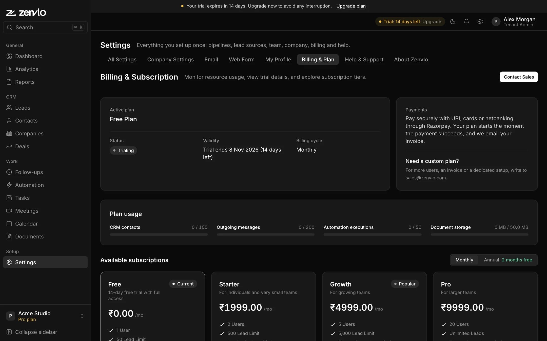 The Billing and Plan page