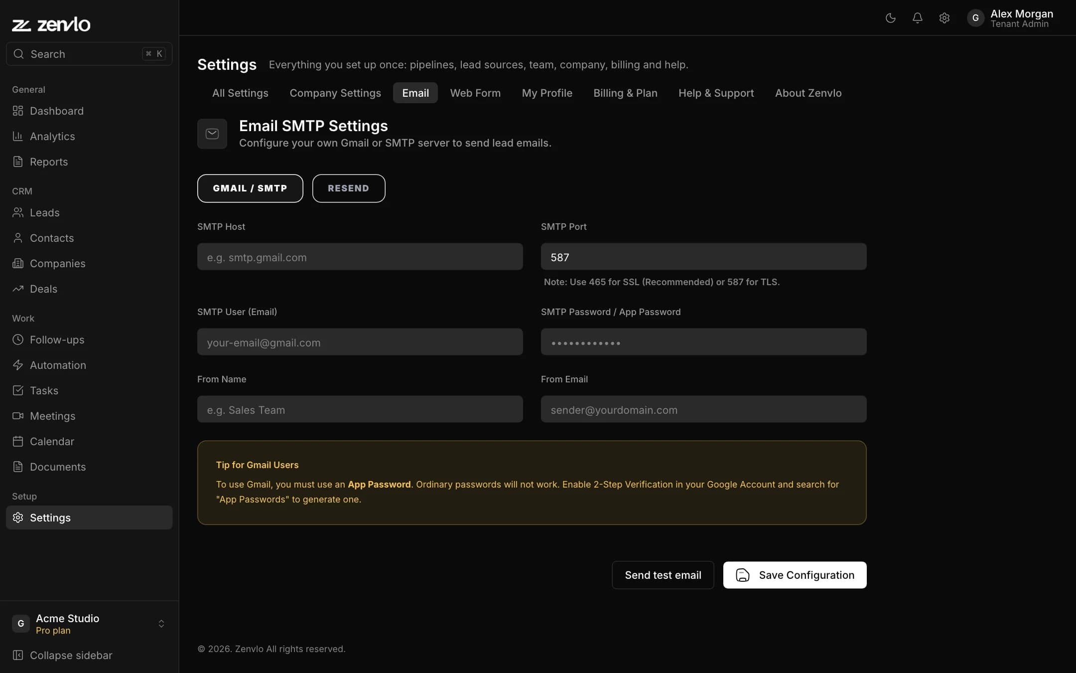 The Email settings tab