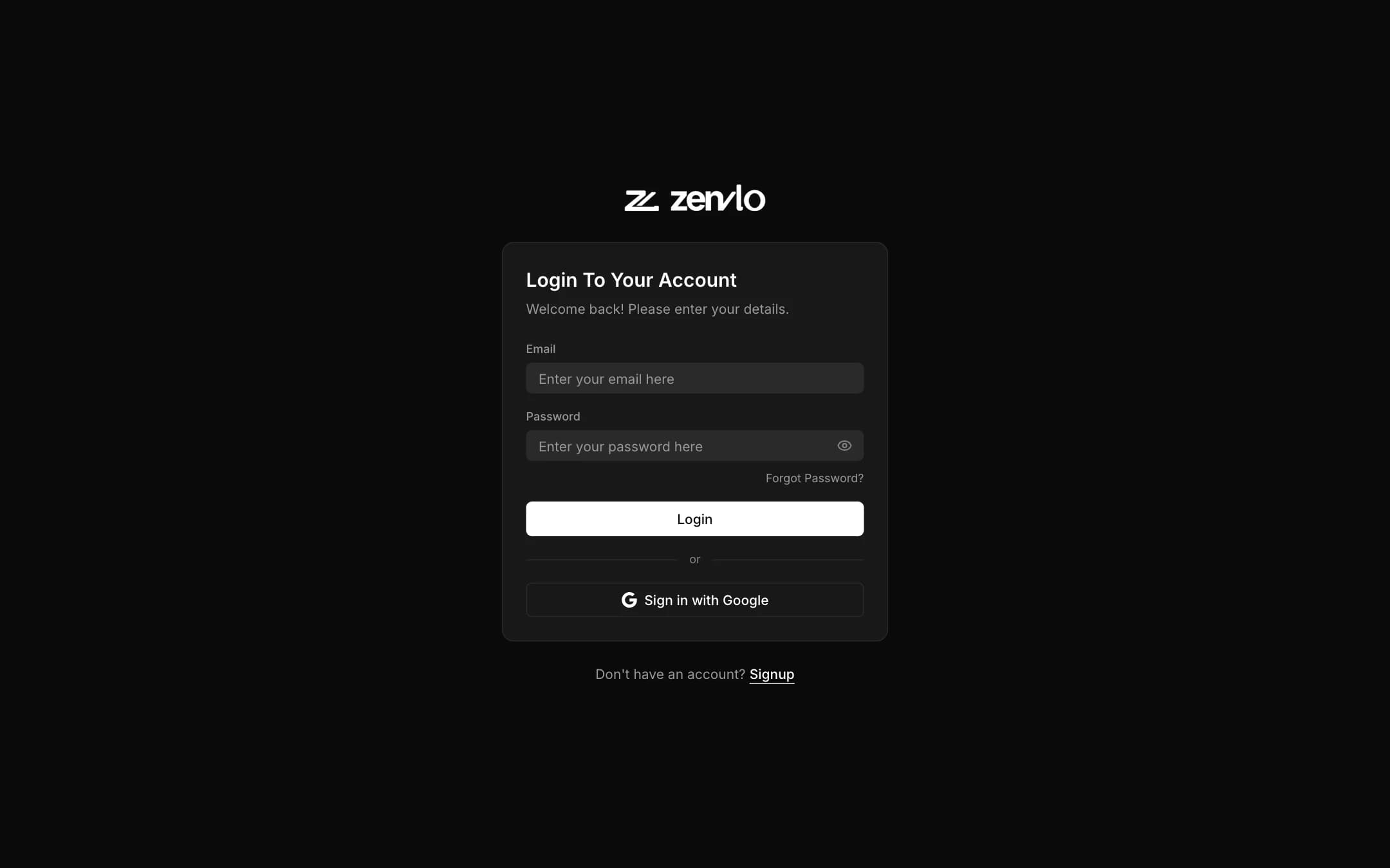 The Zenvlo CRM login page