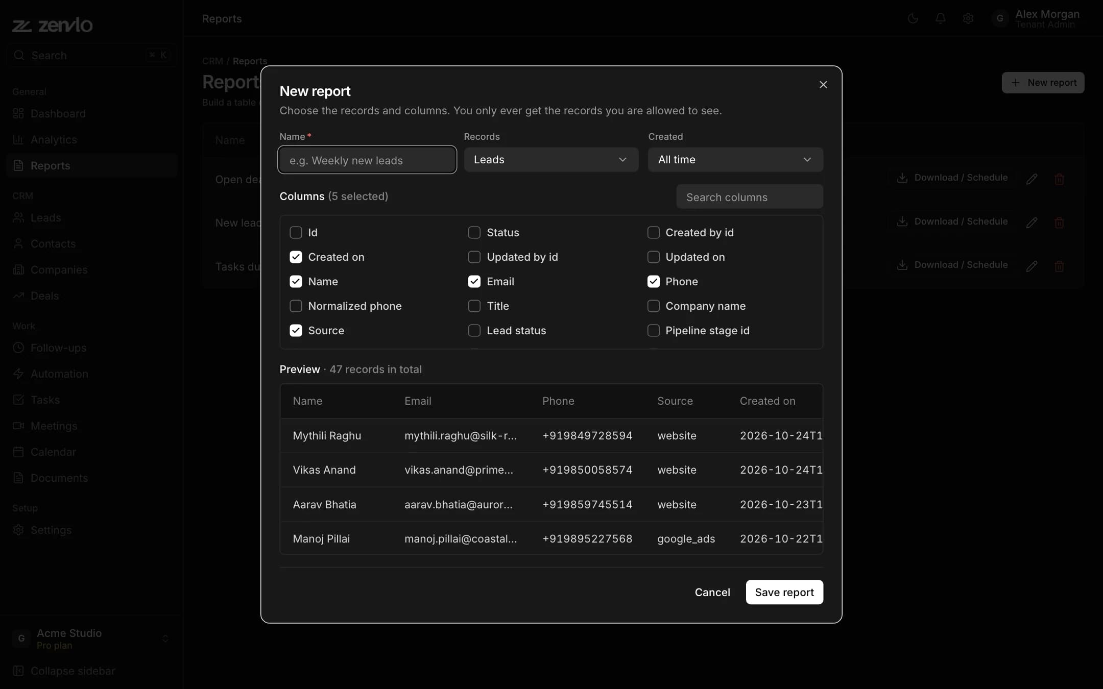 The New report dialog