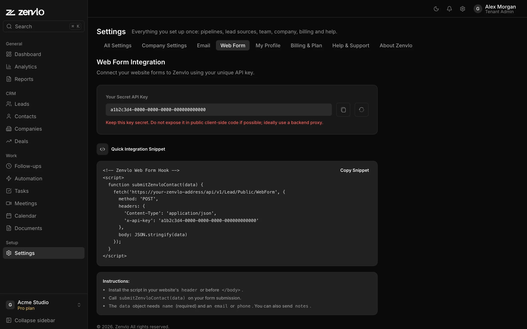 The Web Form settings tab