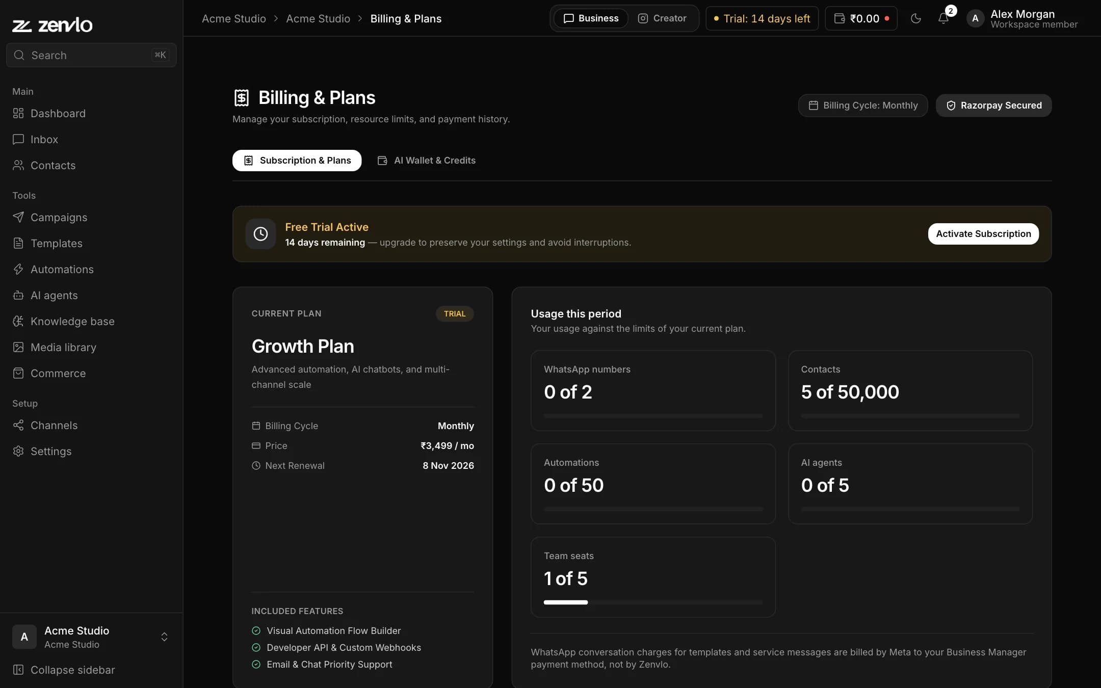 The Billing and Plans page