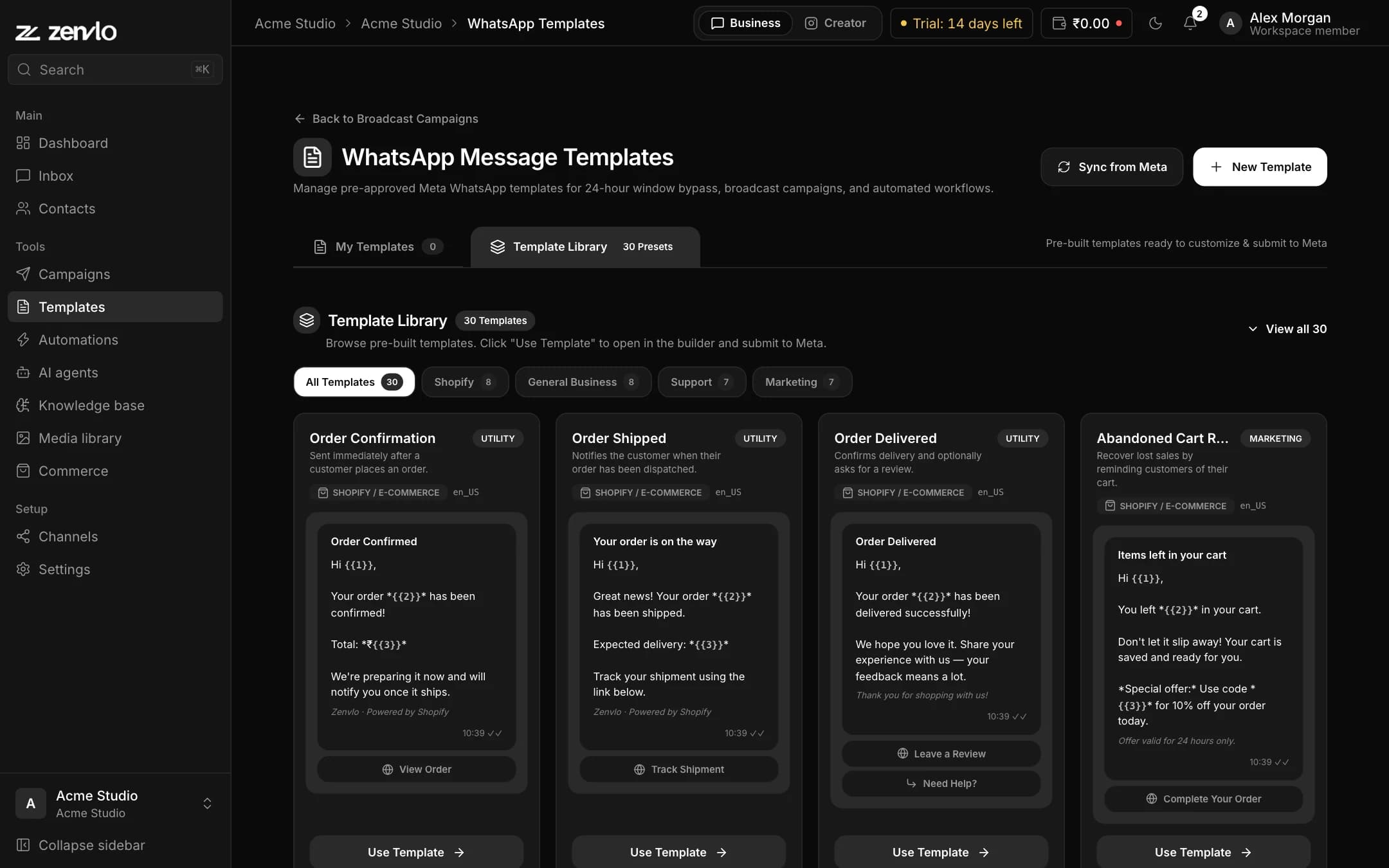 Zenvlo Engage WhatsApp template library