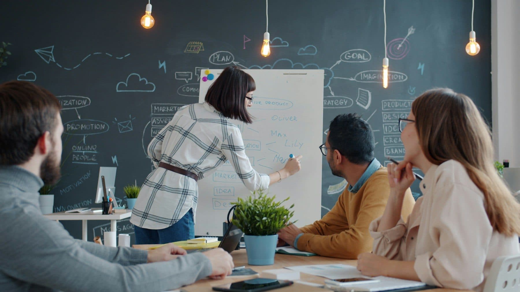 A team working through ideas at a whiteboard