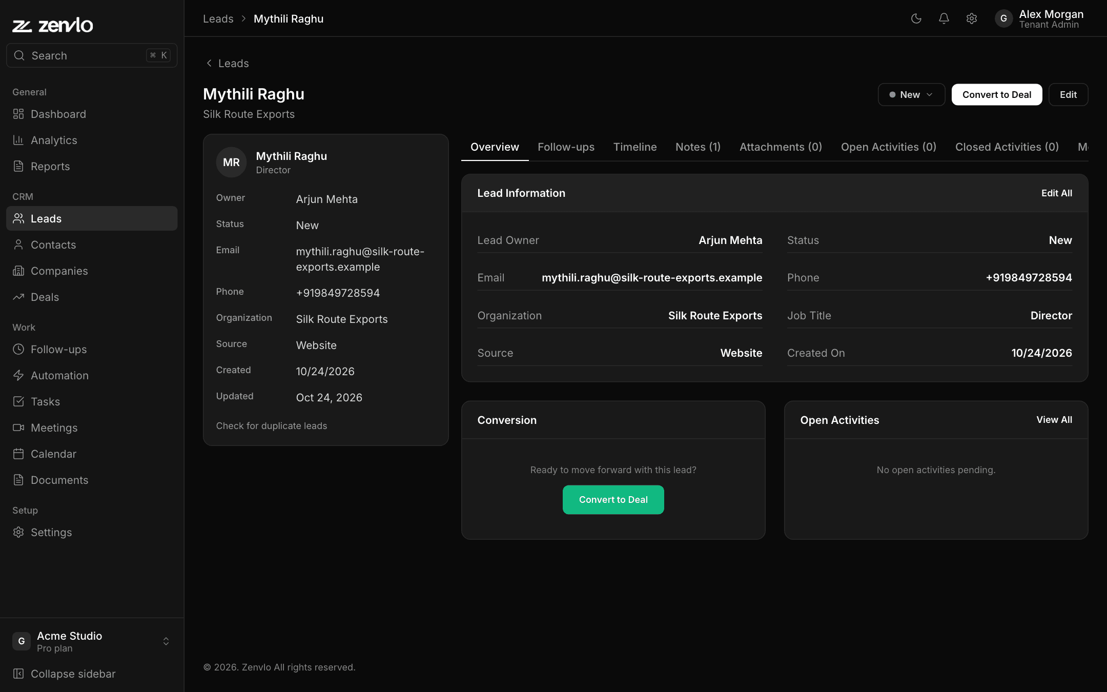 Zenvlo CRM lead detail page